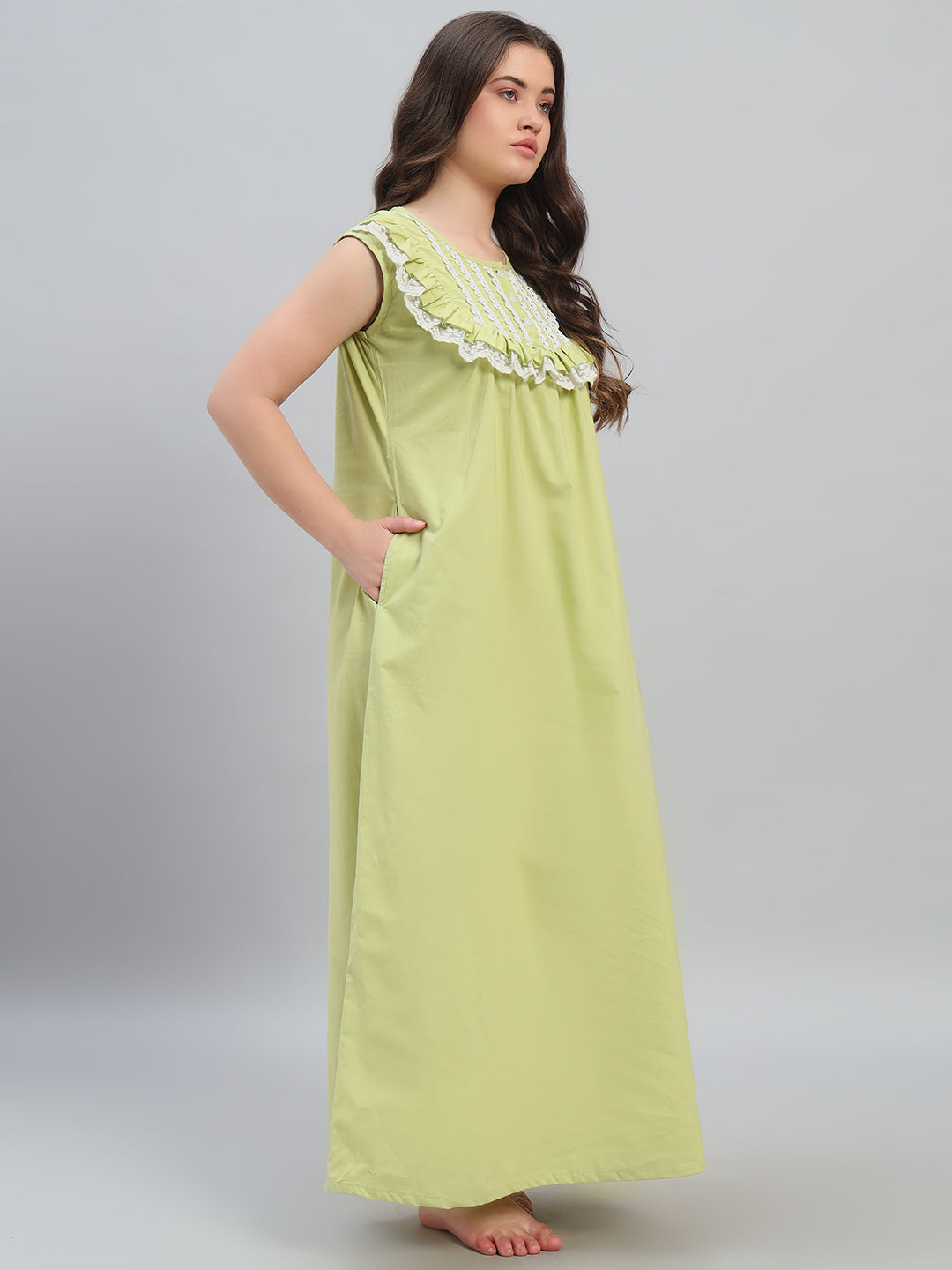 💚 Lime Green Cotton Maxi Night Gown for Women – Sleeveless Lace Yoke Comfortable Nightwear