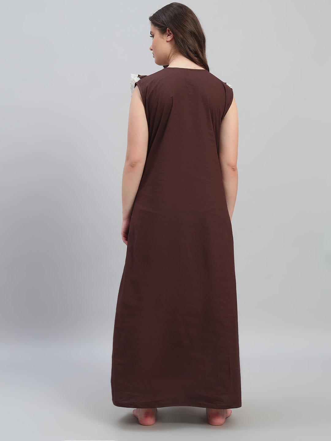 Brown & White Lace Detailed Sleeveless Cotton Maxi Night Gown for Women