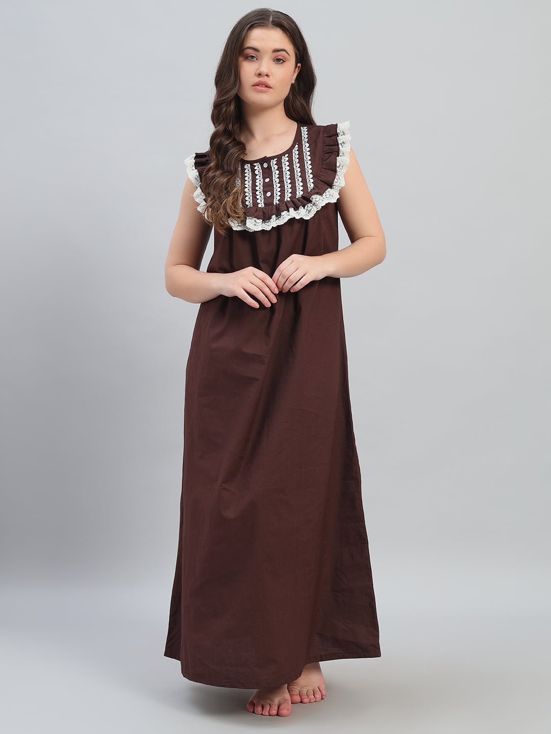 🤎 Brown Cotton Maxi Night Gown for Women – Lace Detailed Sleeveless Comfortable Nightwear