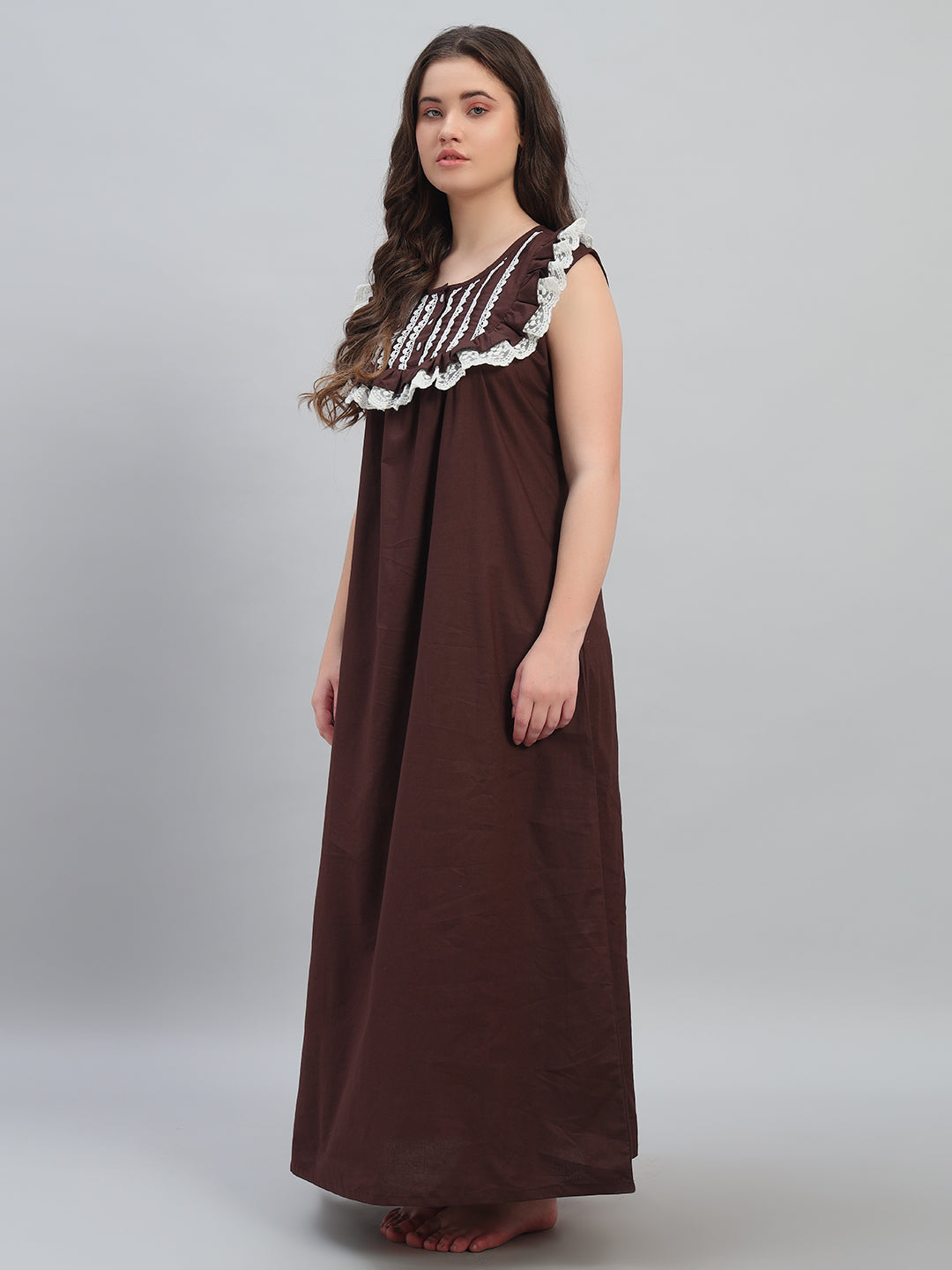 Brown & White Lace Detailed Sleeveless Cotton Maxi Night Gown for Women