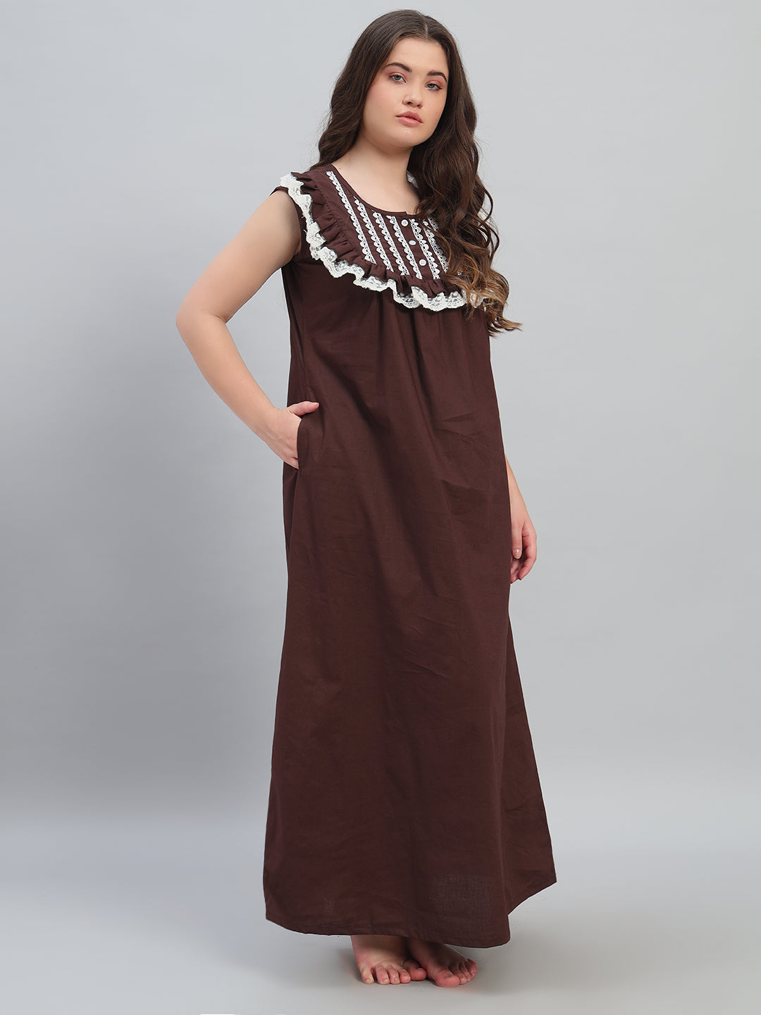 Brown & White Lace Detailed Sleeveless Cotton Maxi Night Gown for Women