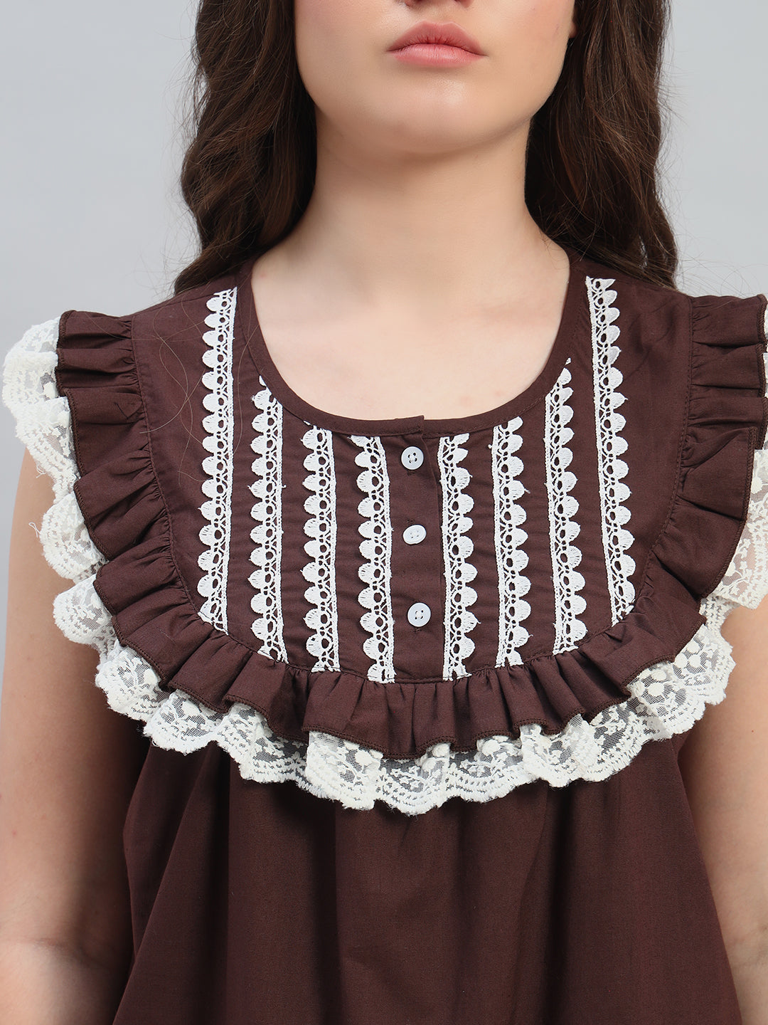 Brown & White Lace Detailed Sleeveless Cotton Maxi Night Gown for Women