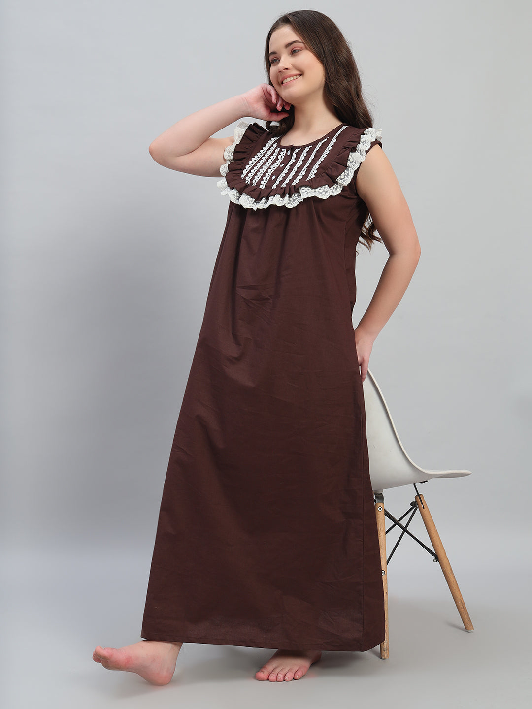 🤎 Brown Cotton Maxi Night Gown for Women – Lace Detailed Sleeveless Comfortable Nightwear