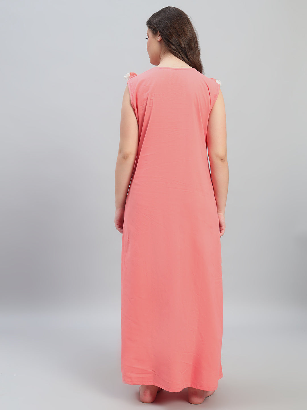 🌸 Coral Pink Cotton Maxi Night Gown for Women – Sleeveless Lace Yoke Comfortable Nightwear