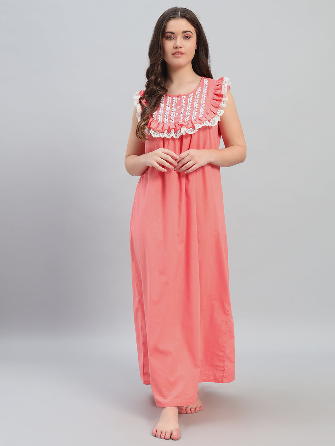 🌸 Coral Pink Cotton Maxi Night Gown for Women – Sleeveless Lace Yoke Comfortable Nightwear