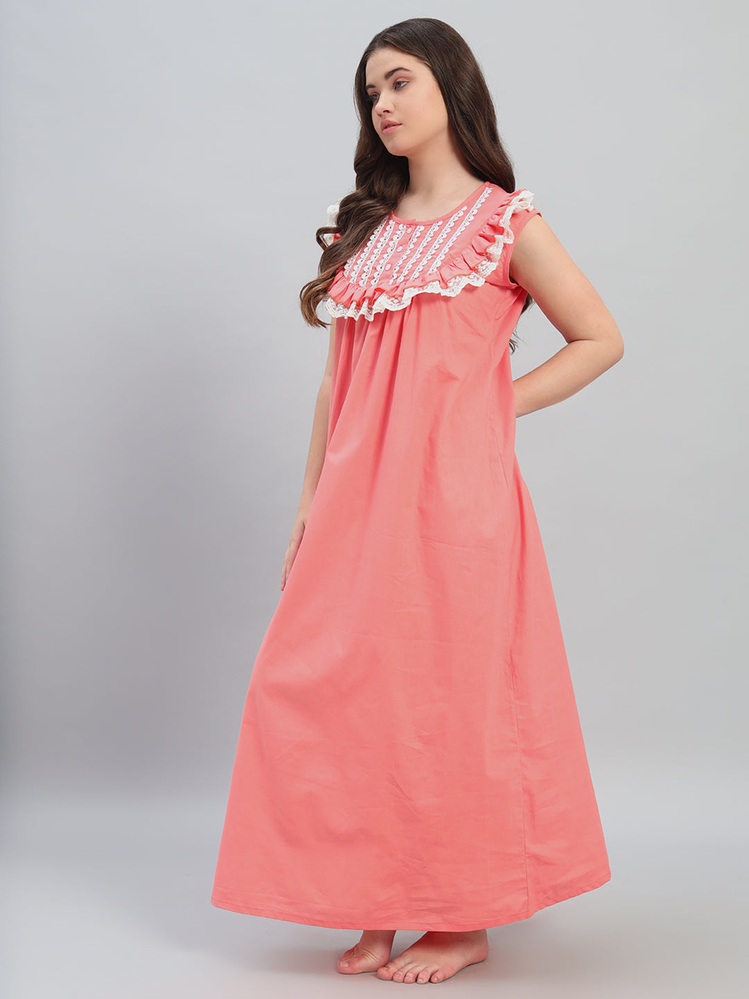 🌸 Coral Pink Cotton Maxi Night Gown for Women – Sleeveless Lace Yoke Comfortable Nightwear