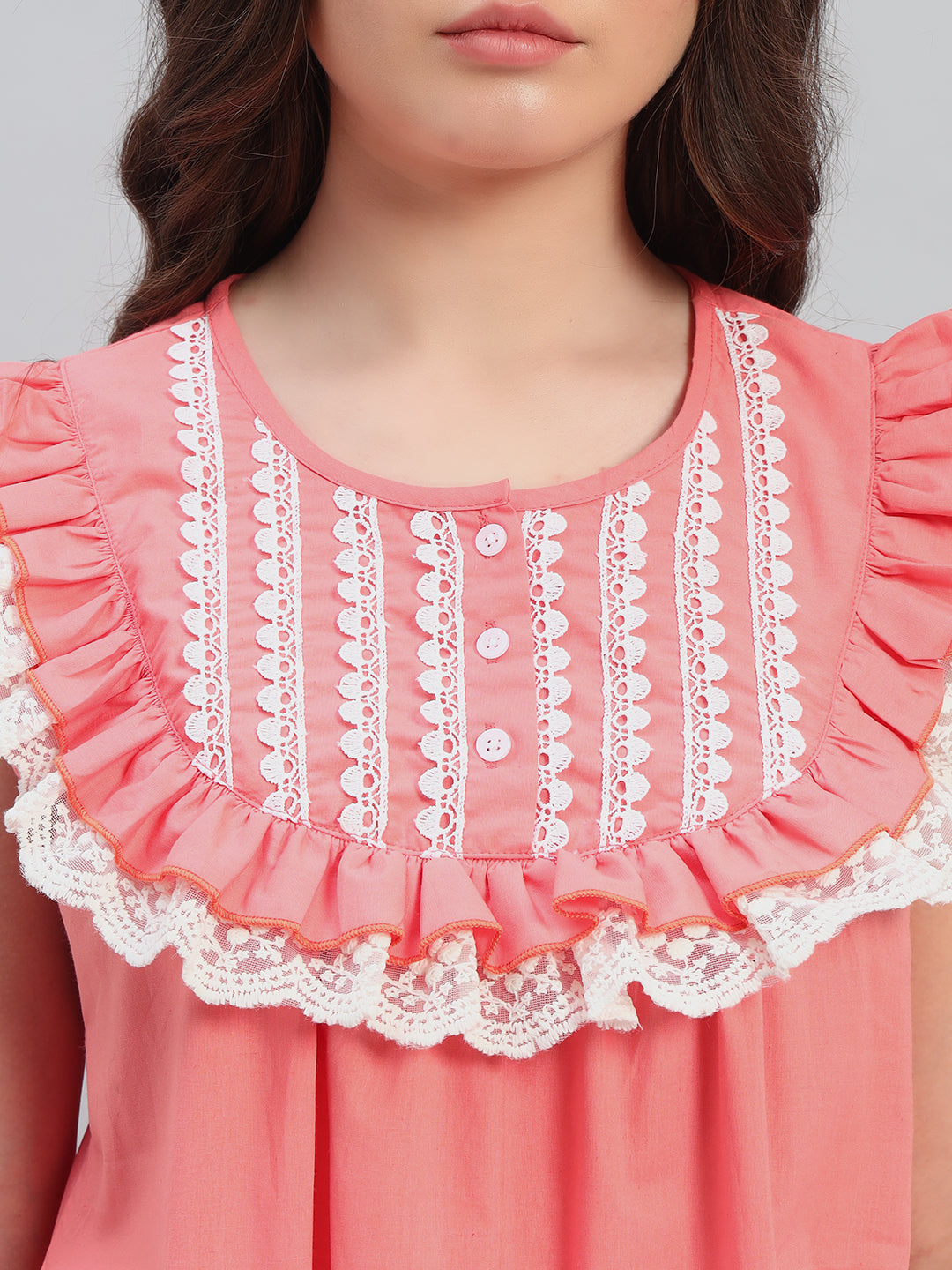 🌸 Coral Pink Cotton Maxi Night Gown for Women – Sleeveless Lace Yoke Comfortable Nightwear