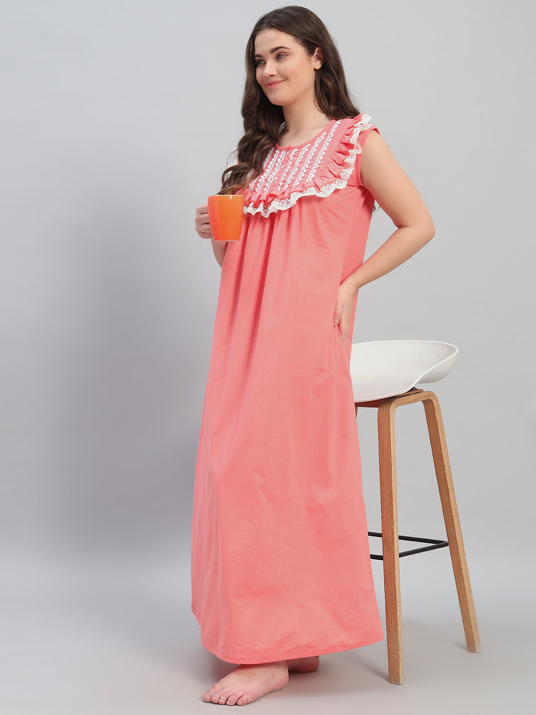 🌸 Coral Pink Cotton Maxi Night Gown for Women – Sleeveless Lace Yoke Comfortable Nightwear