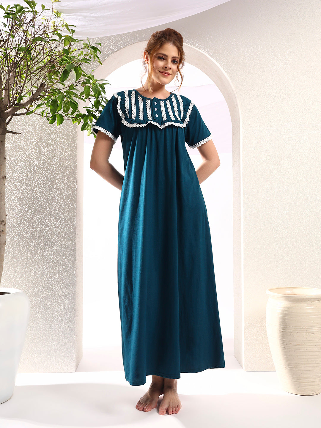 Teal Blue Cotton With Lace Yoke Cotton Night Gown for Women