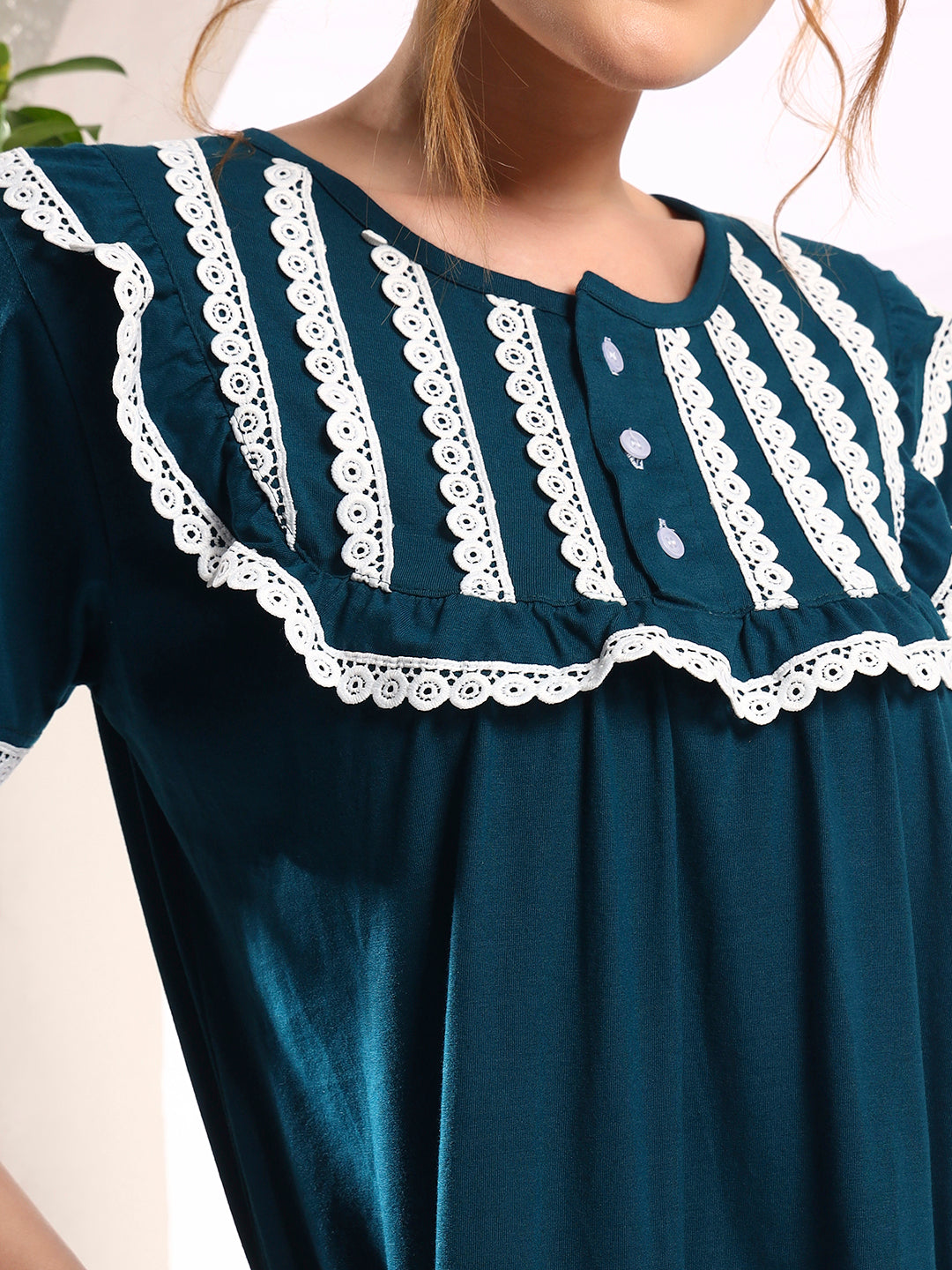 Teal Blue Cotton With Lace Yoke Cotton Night Gown for Women
