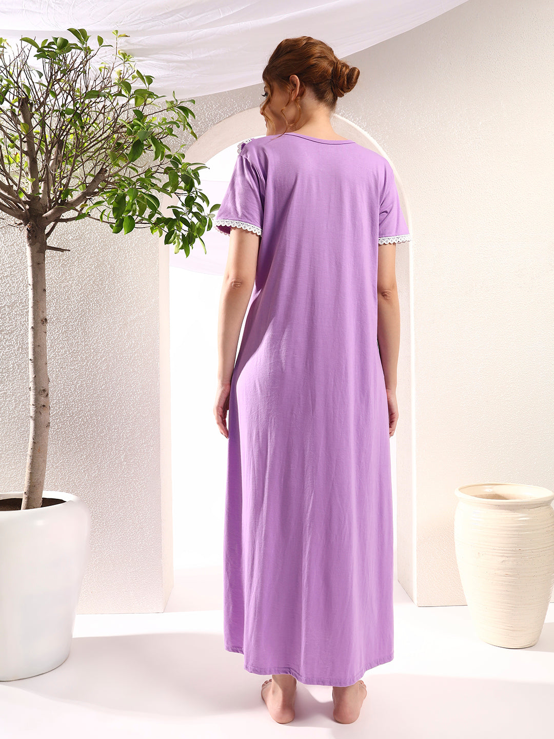 Purple with Frill Neck Cotton Night Gown for Women