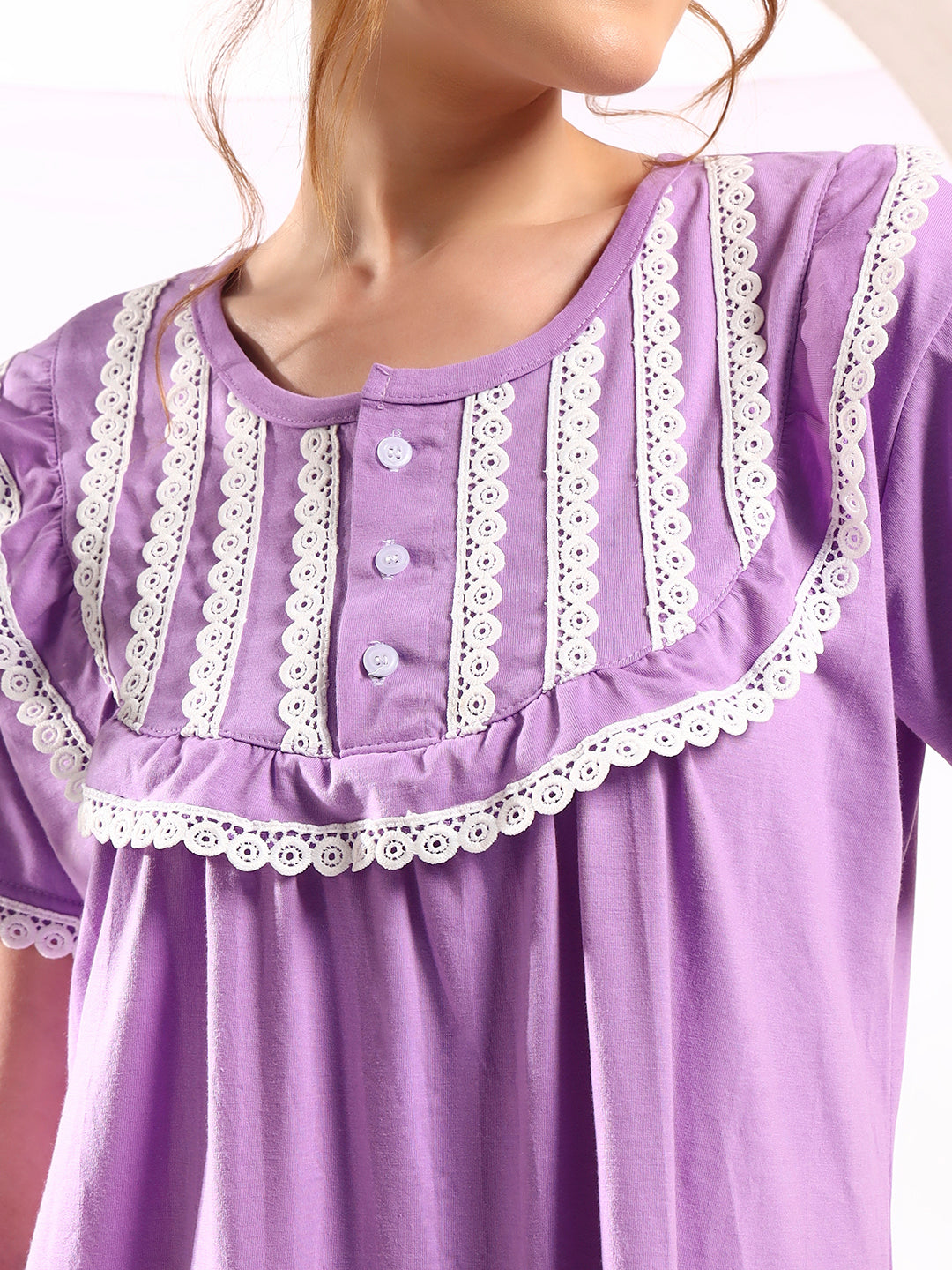 Purple with Frill Neck Cotton Night Gown for Women
