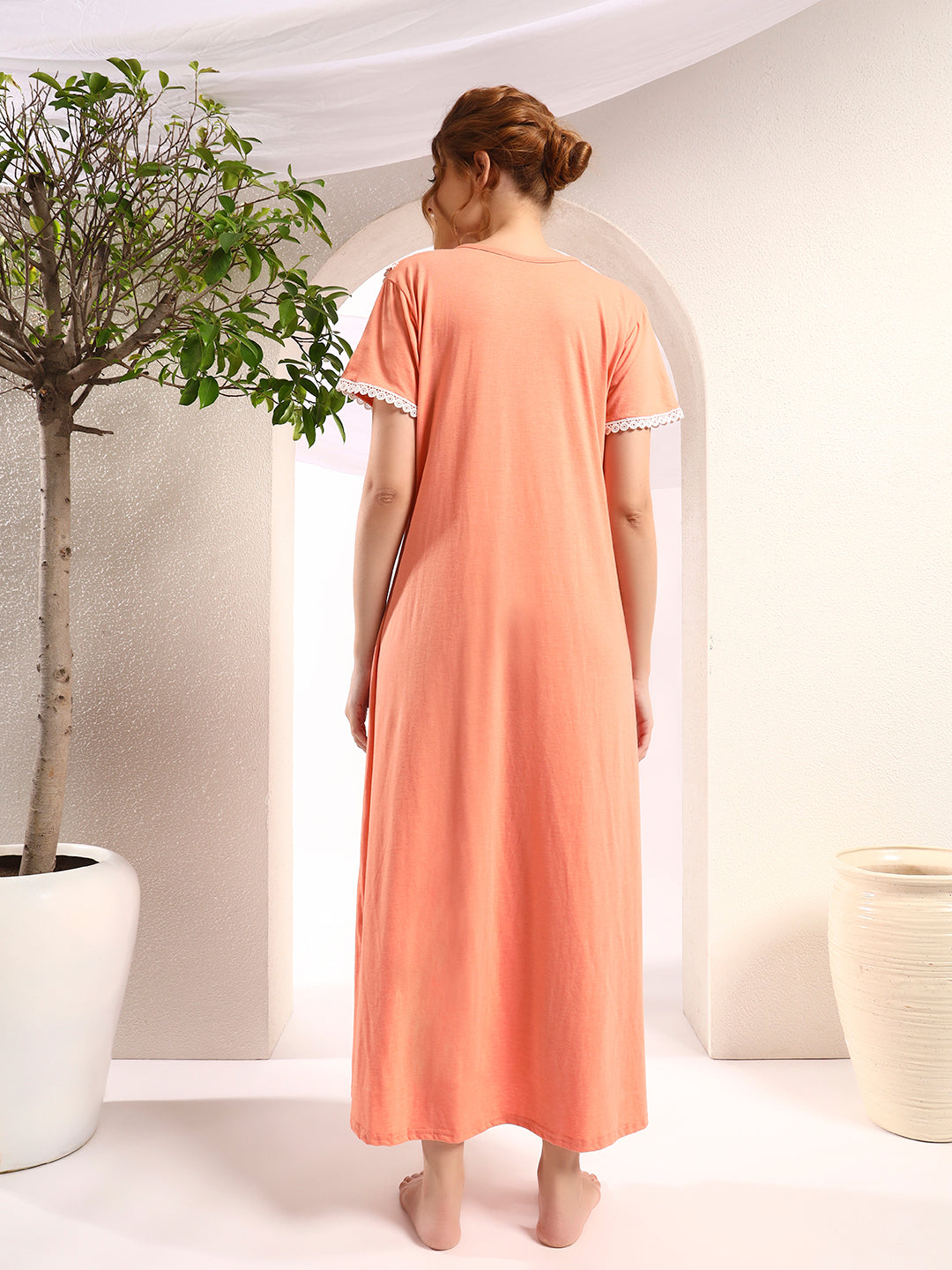 🌸 Cotton Night Gown with Lace Yoke – Soft & Comfortable Maxi Nightwear for Women