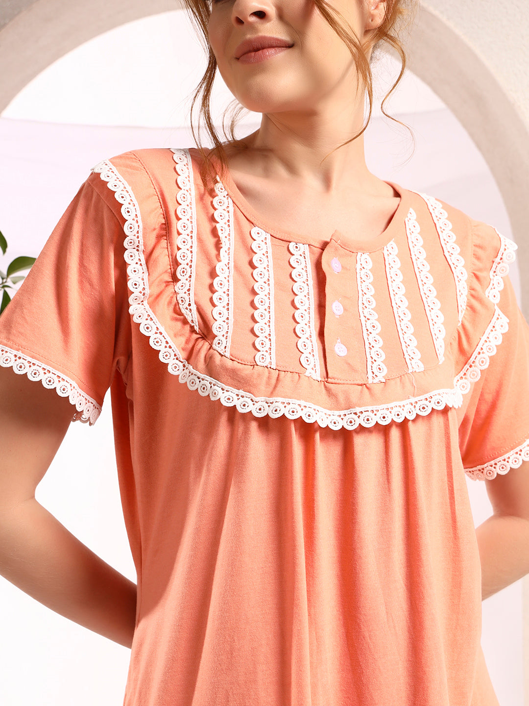 🌸 Cotton Night Gown with Lace Yoke – Soft & Comfortable Maxi Nightwear for Women