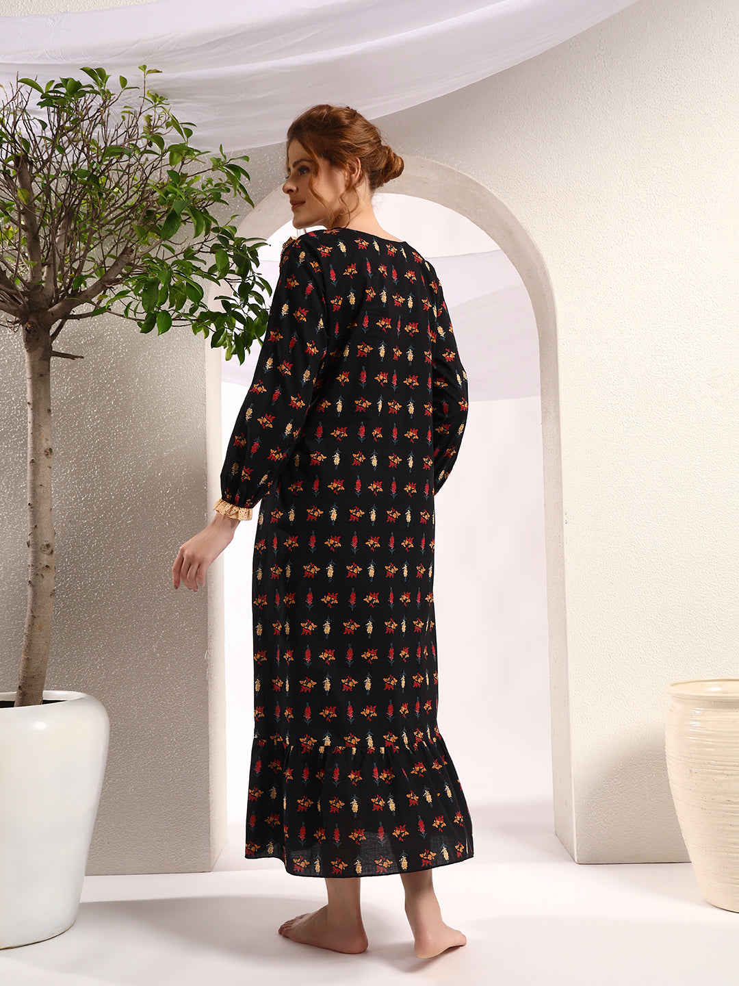 Black Floral Printed Night Gown – Elegant & Comfortable Sleepwear For Women