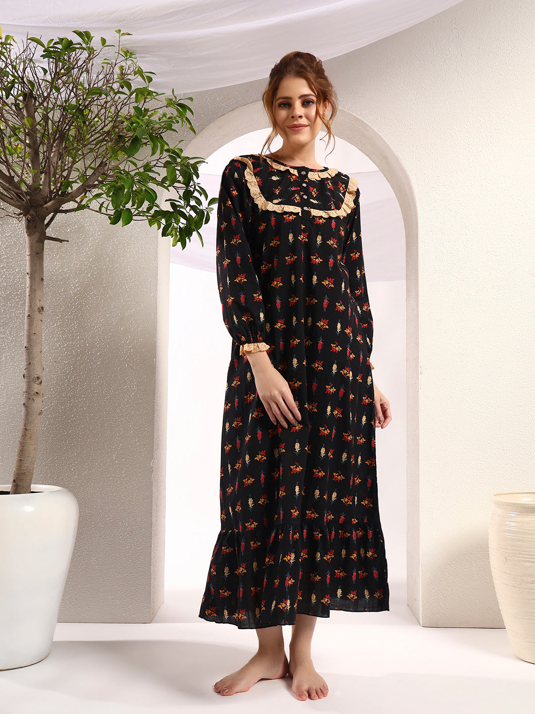 Black Floral Printed Night Gown – Elegant & Comfortable Sleepwear For Women