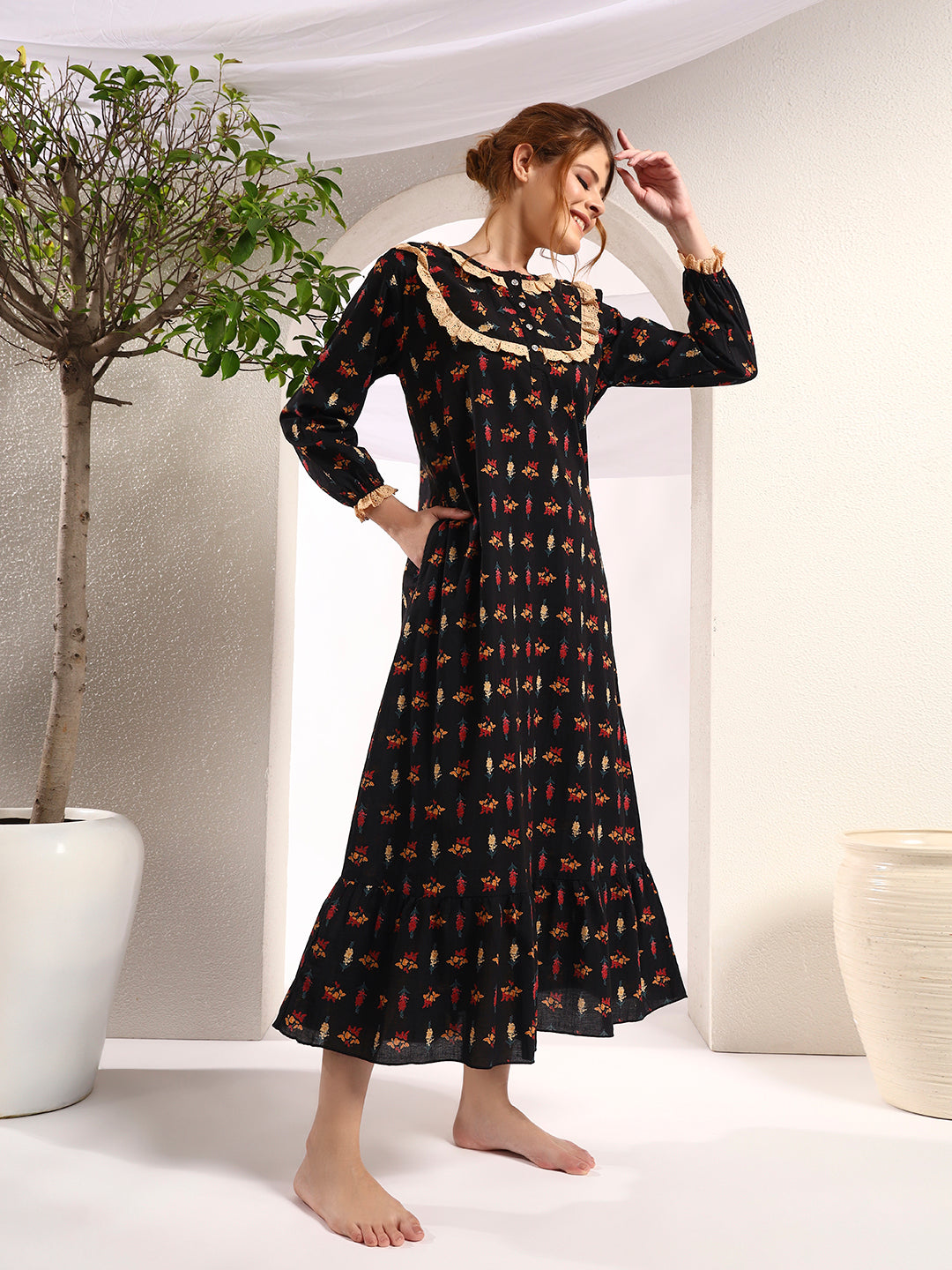 Black Floral Printed Night Gown – Elegant & Comfortable Sleepwear For Women