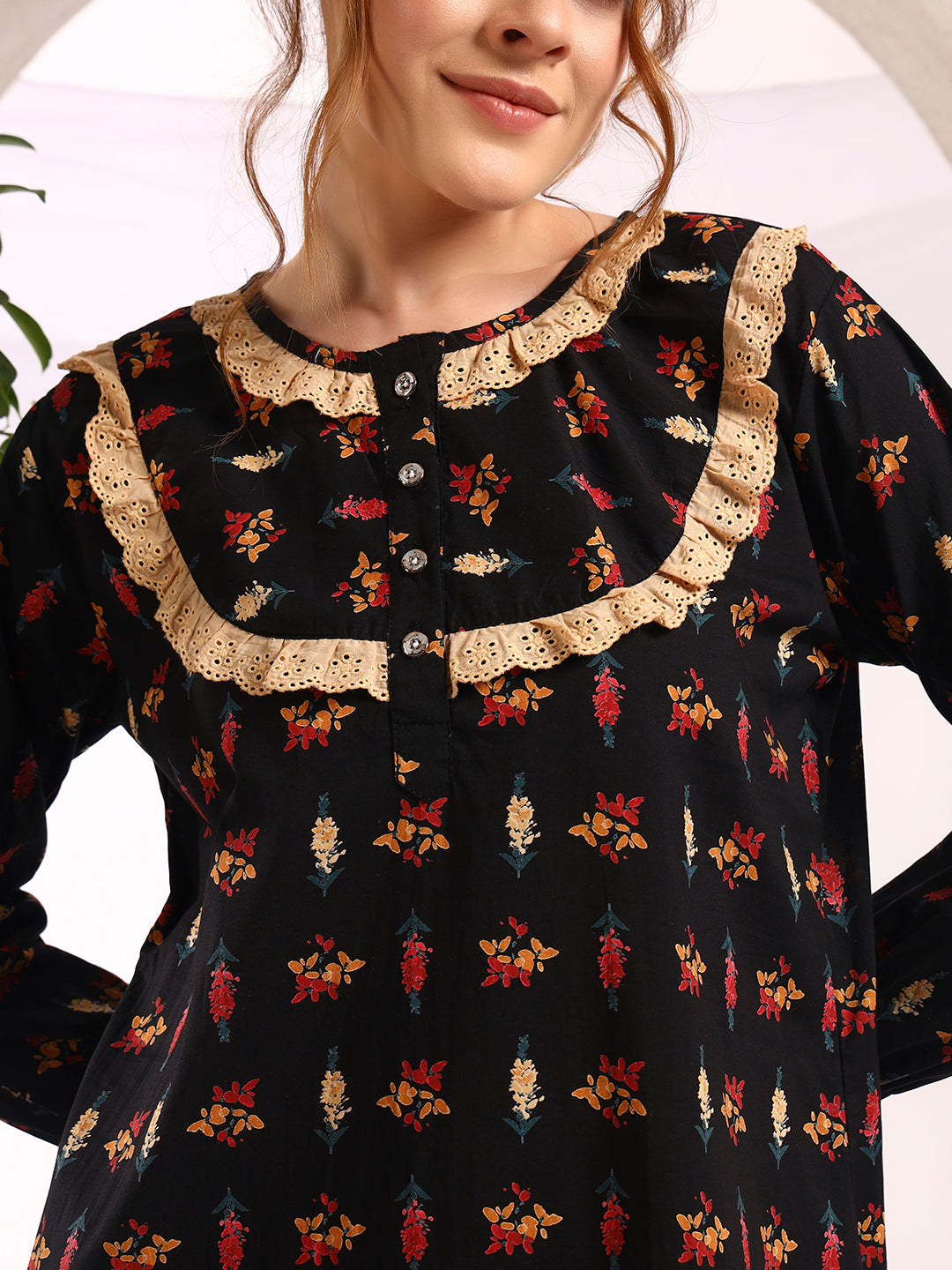Black Floral Printed Night Gown – Elegant & Comfortable Sleepwear For Women