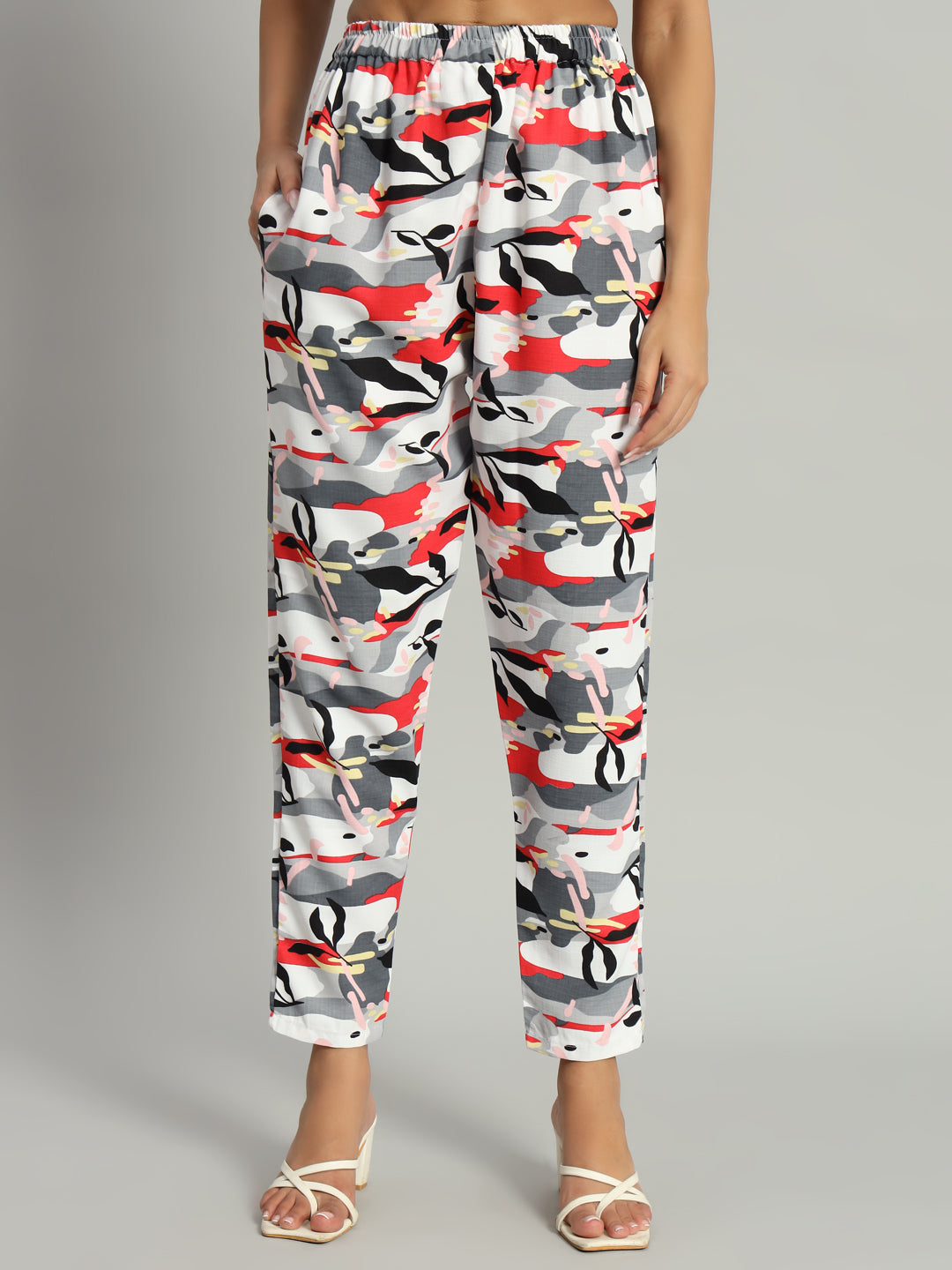 Women’s Grey & Red Abstract Printed Night Suit Co-Ord Set with Waist Tie-Up