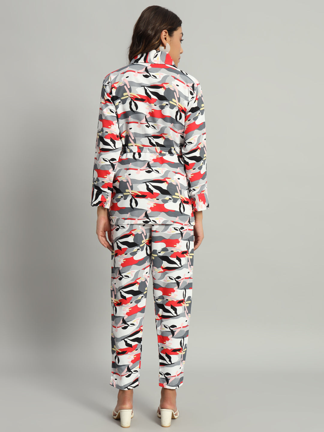 Women’s Grey & Red Abstract Printed Night Suit Co-Ord Set with Waist Tie-Up