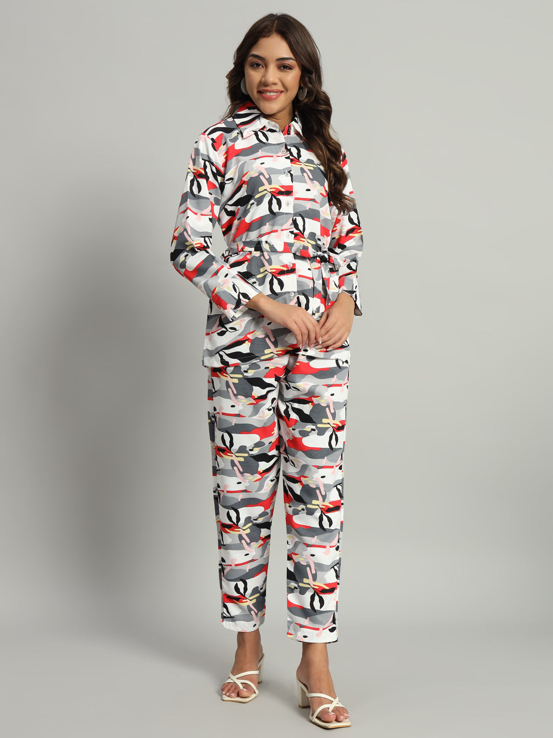 Women’s Grey & Red Abstract Printed Night Suit Co-Ord Set with Waist Tie-Up