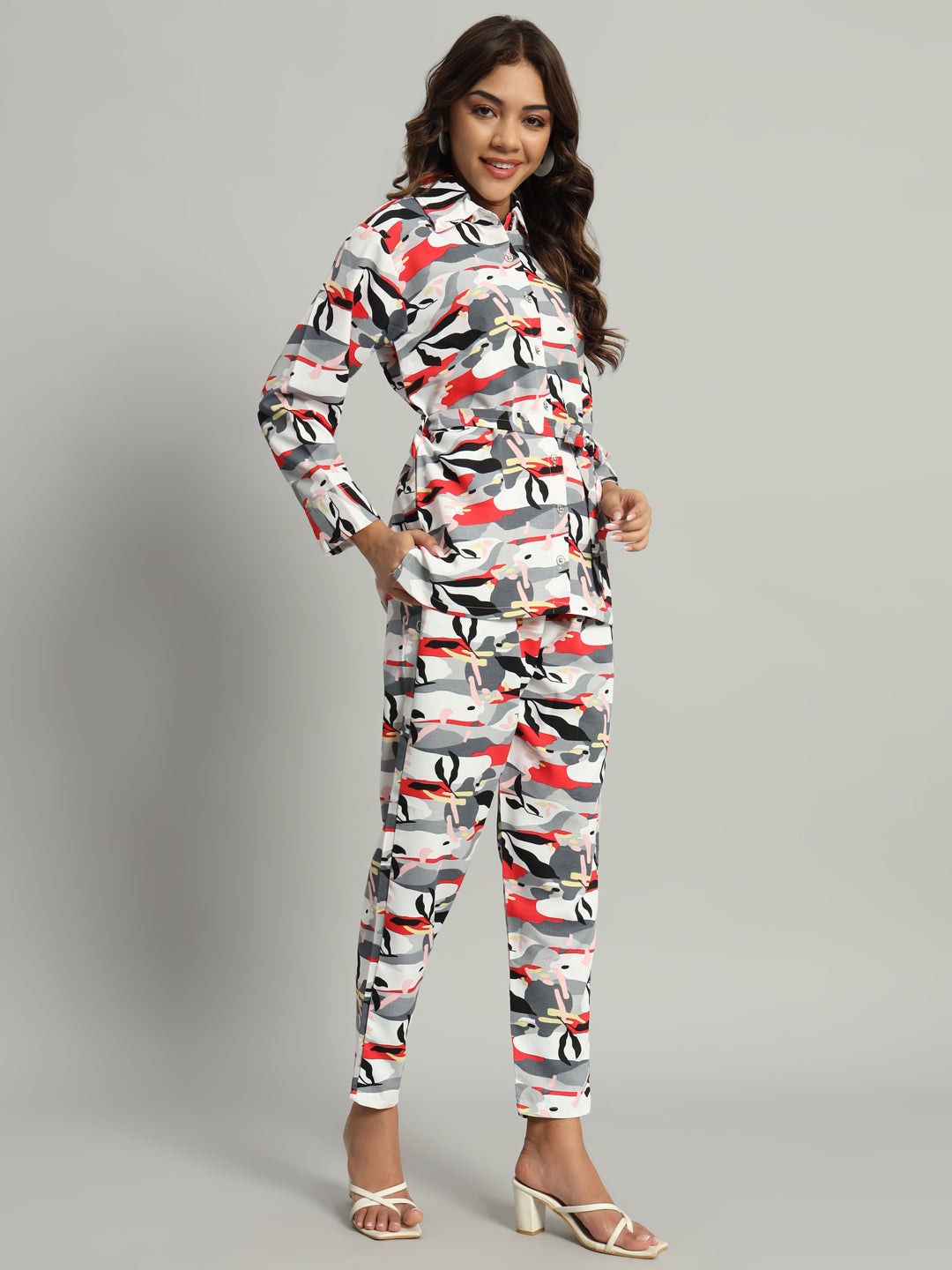 Women’s Grey & Red Abstract Printed Night Suit Co-Ord Set with Waist Tie-Up