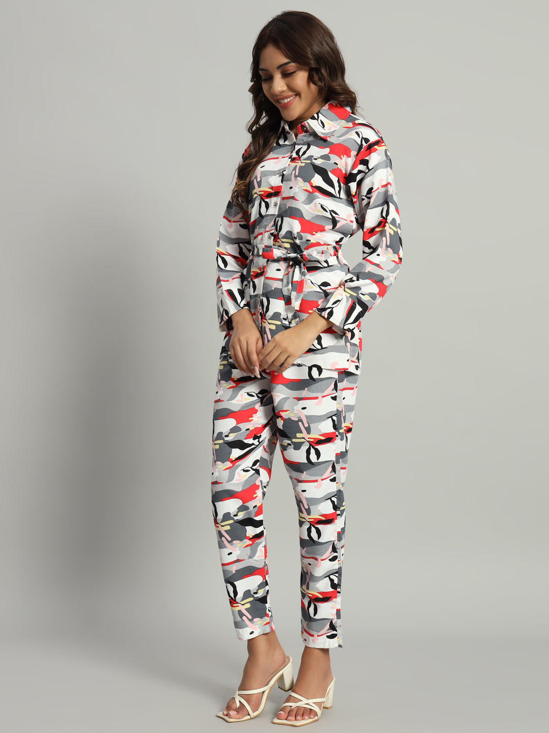 Women’s Grey & Red Abstract Printed Night Suit Co-Ord Set with Waist Tie-Up