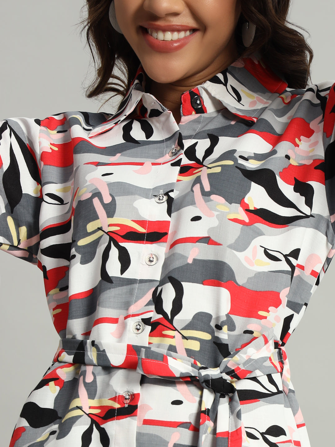 Women’s Grey & Red Abstract Printed Night Suit Co-Ord Set with Waist Tie-Up