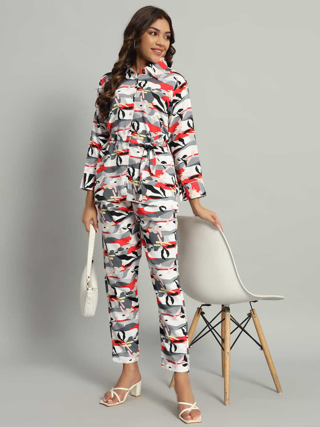 Women’s Grey & Red Abstract Printed Night Suit Co-Ord Set with Waist Tie-Up