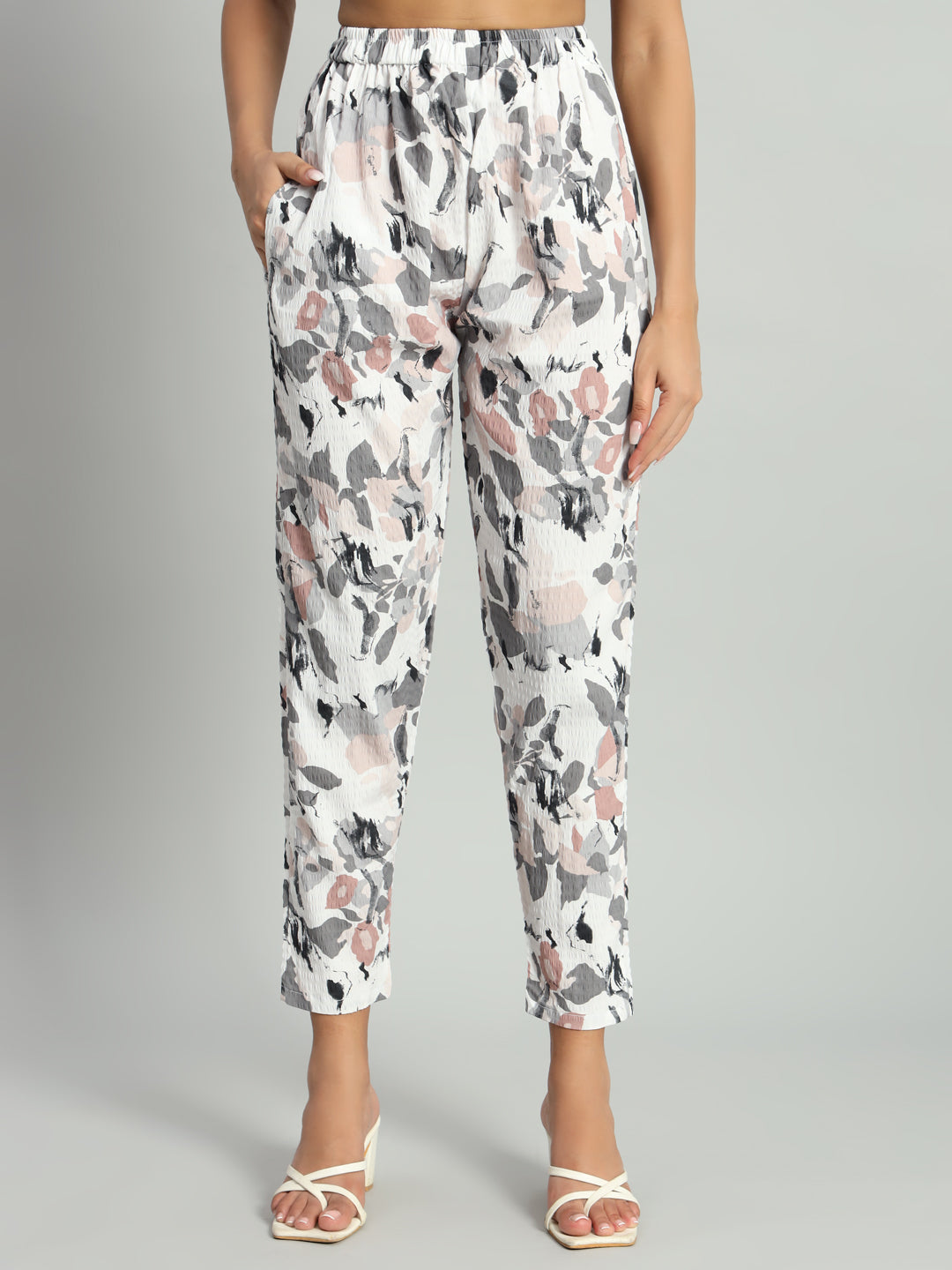 Women’s Grey Abstract Floral Printed Night Suit Co-Ord Set with Waist Tie-Up