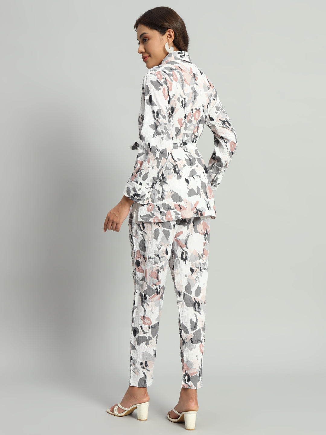 Women’s Grey Abstract Floral Printed Night Suit Co-Ord Set with Waist Tie-Up