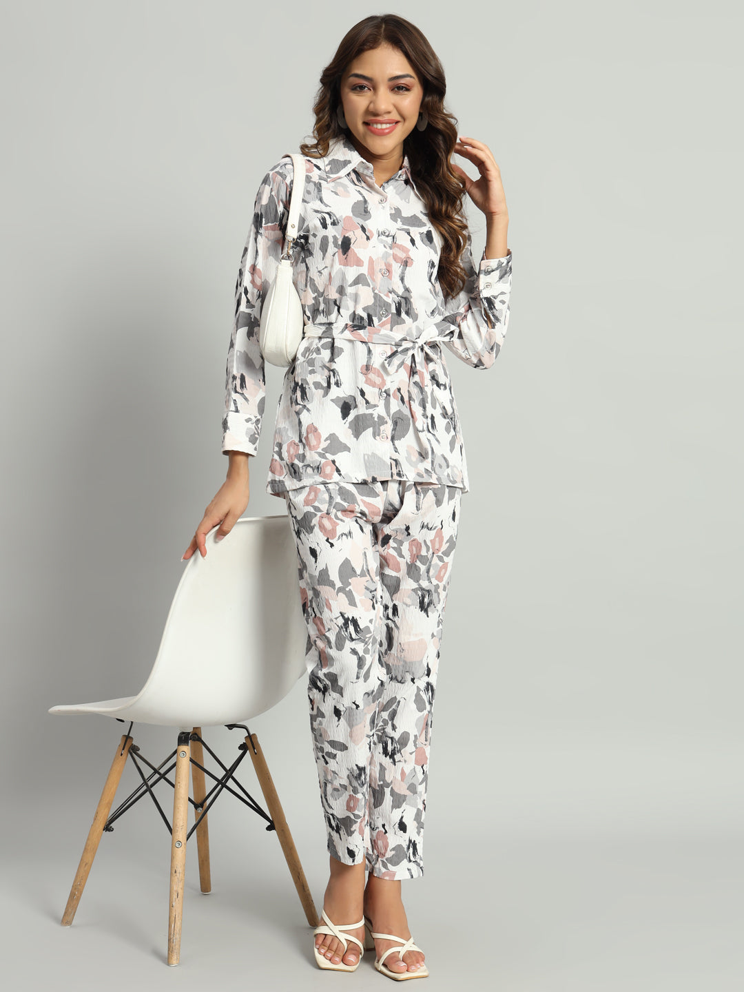 Women’s Grey Abstract Floral Printed Night Suit Co-Ord Set with Waist Tie-Up