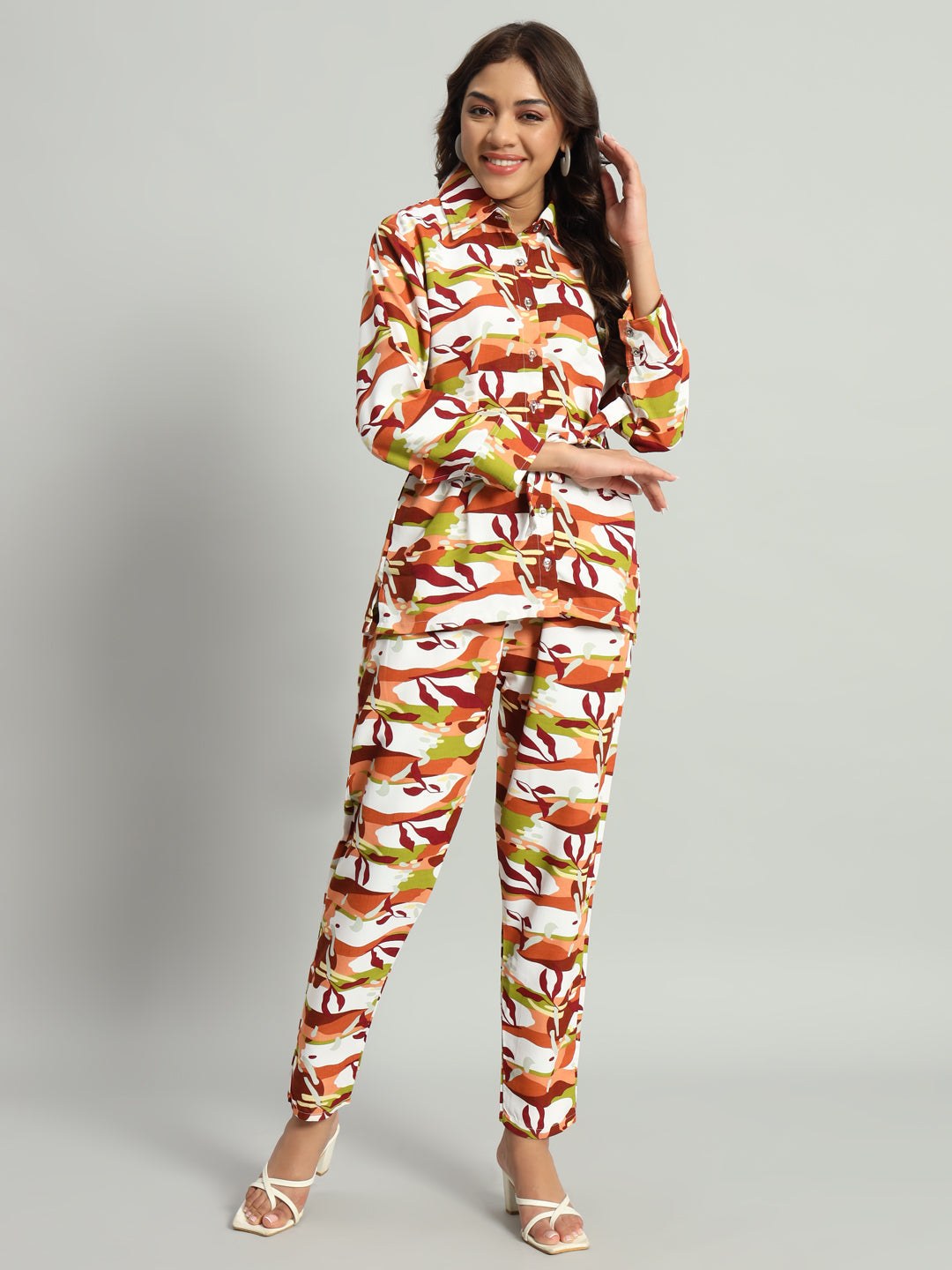 Women’s Multicolor Abstract Printed Night Suit Co-Ord Set with Waist Tie-Up