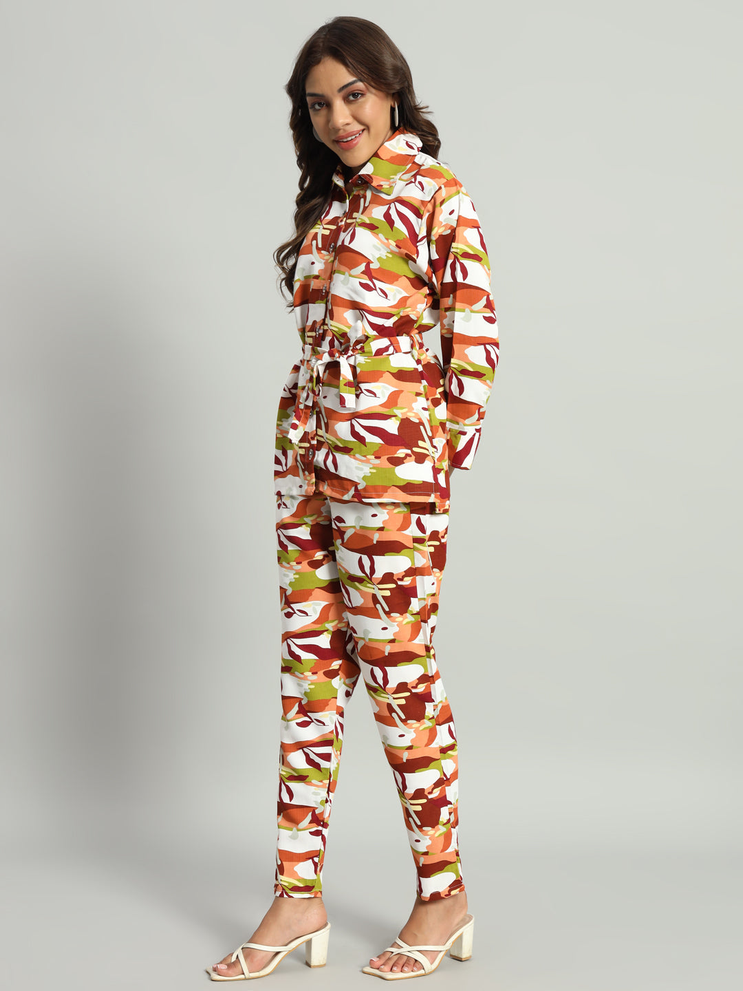 Women’s Multicolor Abstract Printed Night Suit Co-Ord Set with Waist Tie-Up
