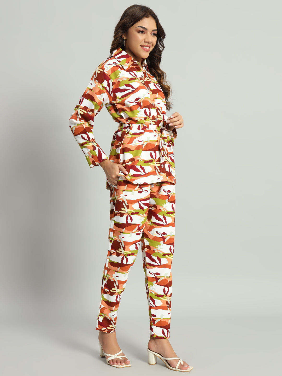 Women’s Multicolor Abstract Printed Night Suit Co-Ord Set with Waist Tie-Up