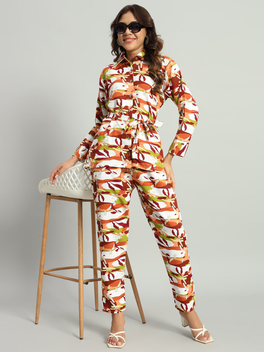 Women’s Multicolor Abstract Printed Night Suit Co-Ord Set with Waist Tie-Up