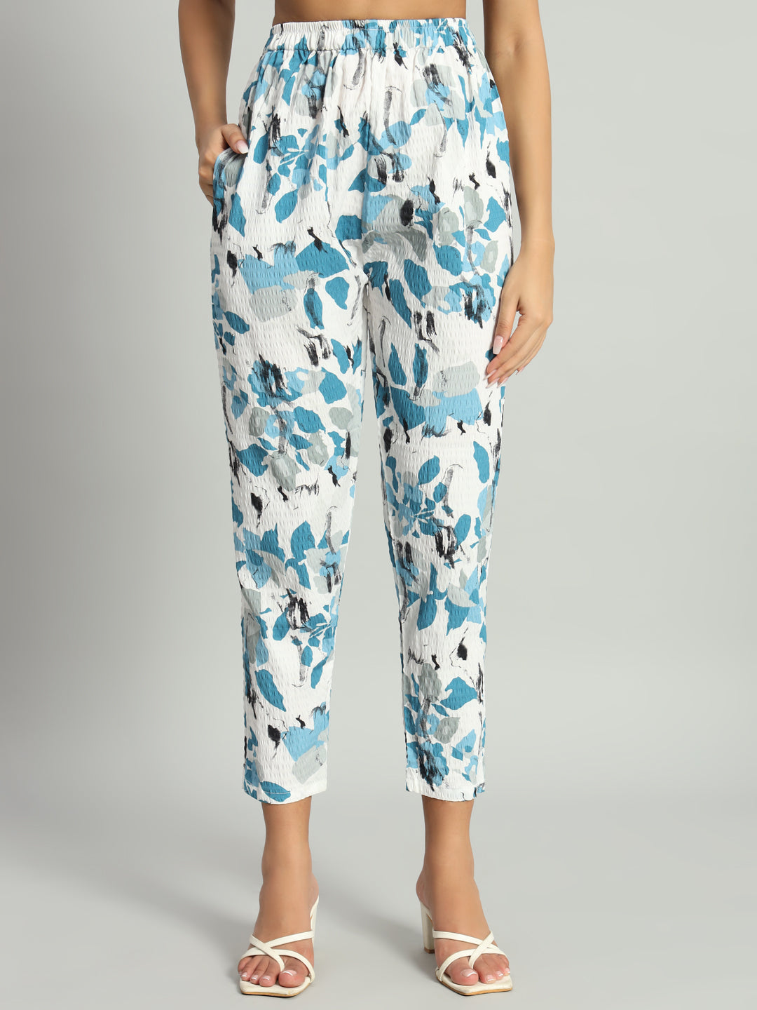Women’s Blue Abstract Printed Night Suit Co-Ord Set with Waist Tie-Up