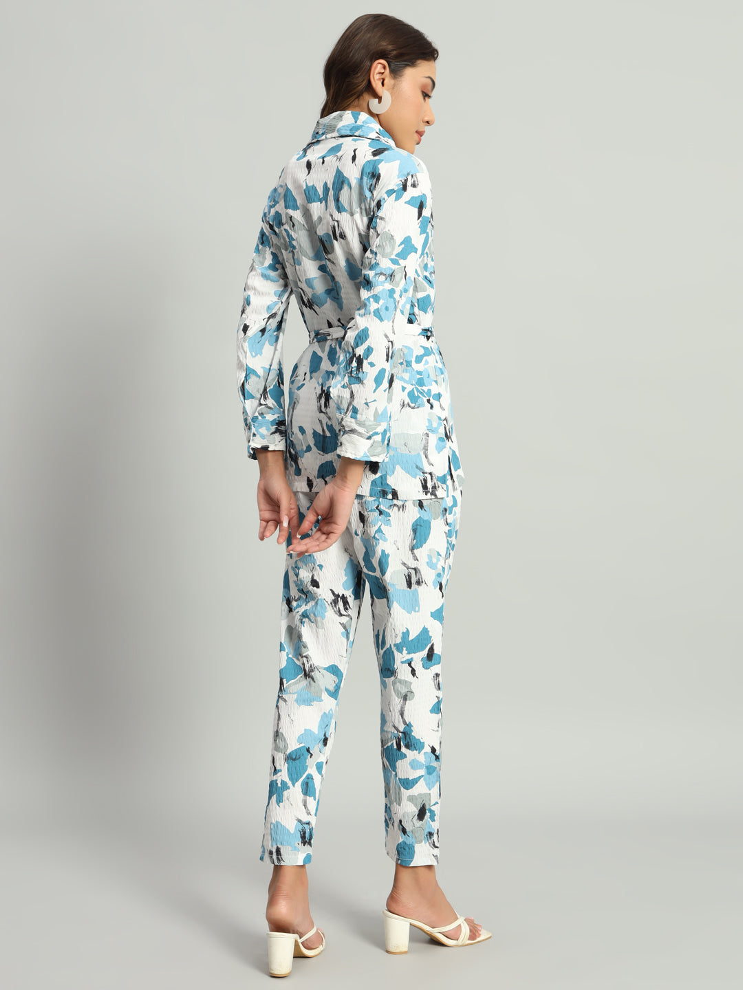 Women’s Blue Abstract Printed Night Suit Co-Ord Set with Waist Tie-Up