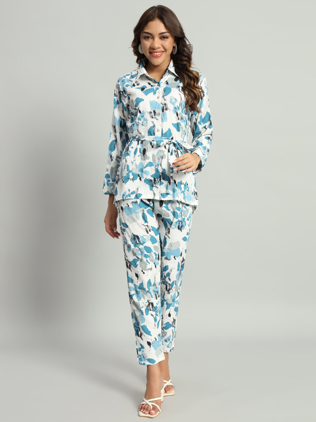 Women’s Blue Abstract Printed Night Suit Co-Ord Set with Waist Tie-Up