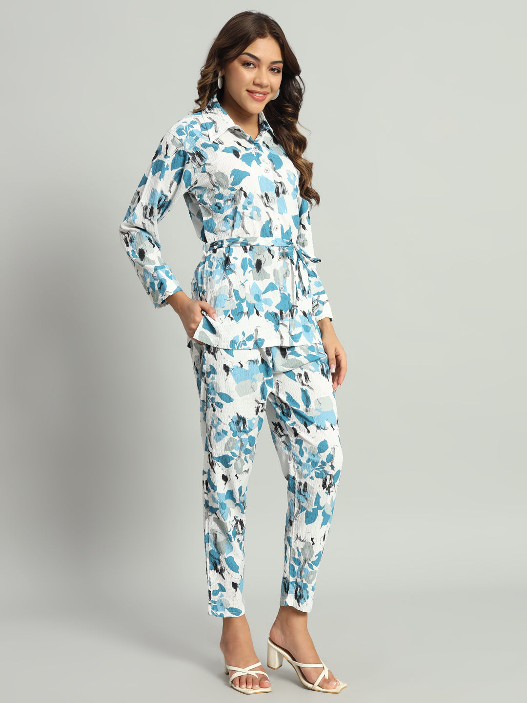 Women’s Blue Abstract Printed Night Suit Co-Ord Set with Waist Tie-Up
