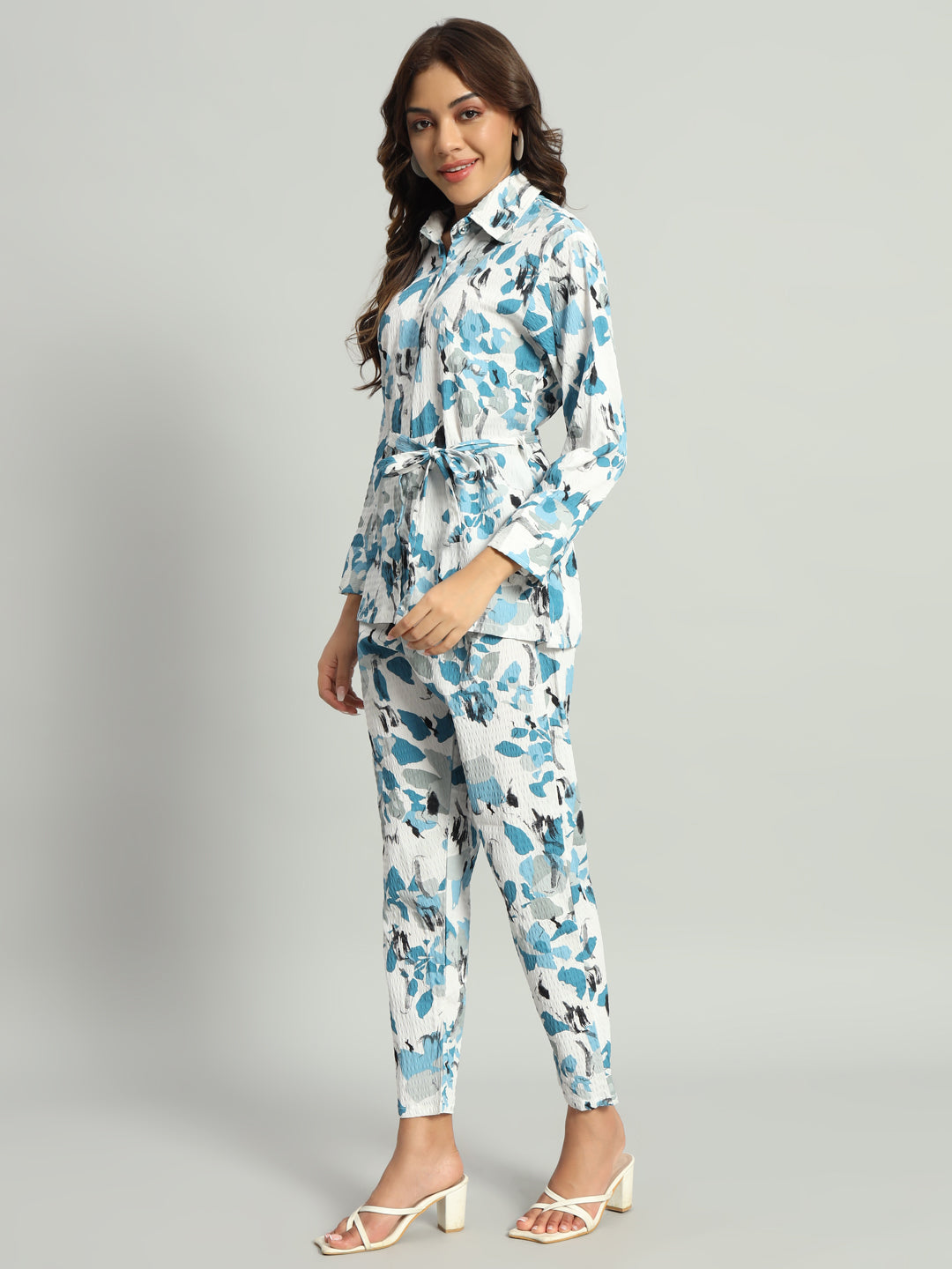 Women’s Blue Abstract Printed Night Suit Co-Ord Set with Waist Tie-Up