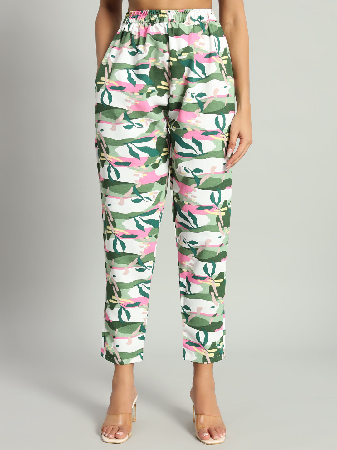 Women’s Green Abstract Printed Night Suit Co-Ord Set with Waist Tie-Up