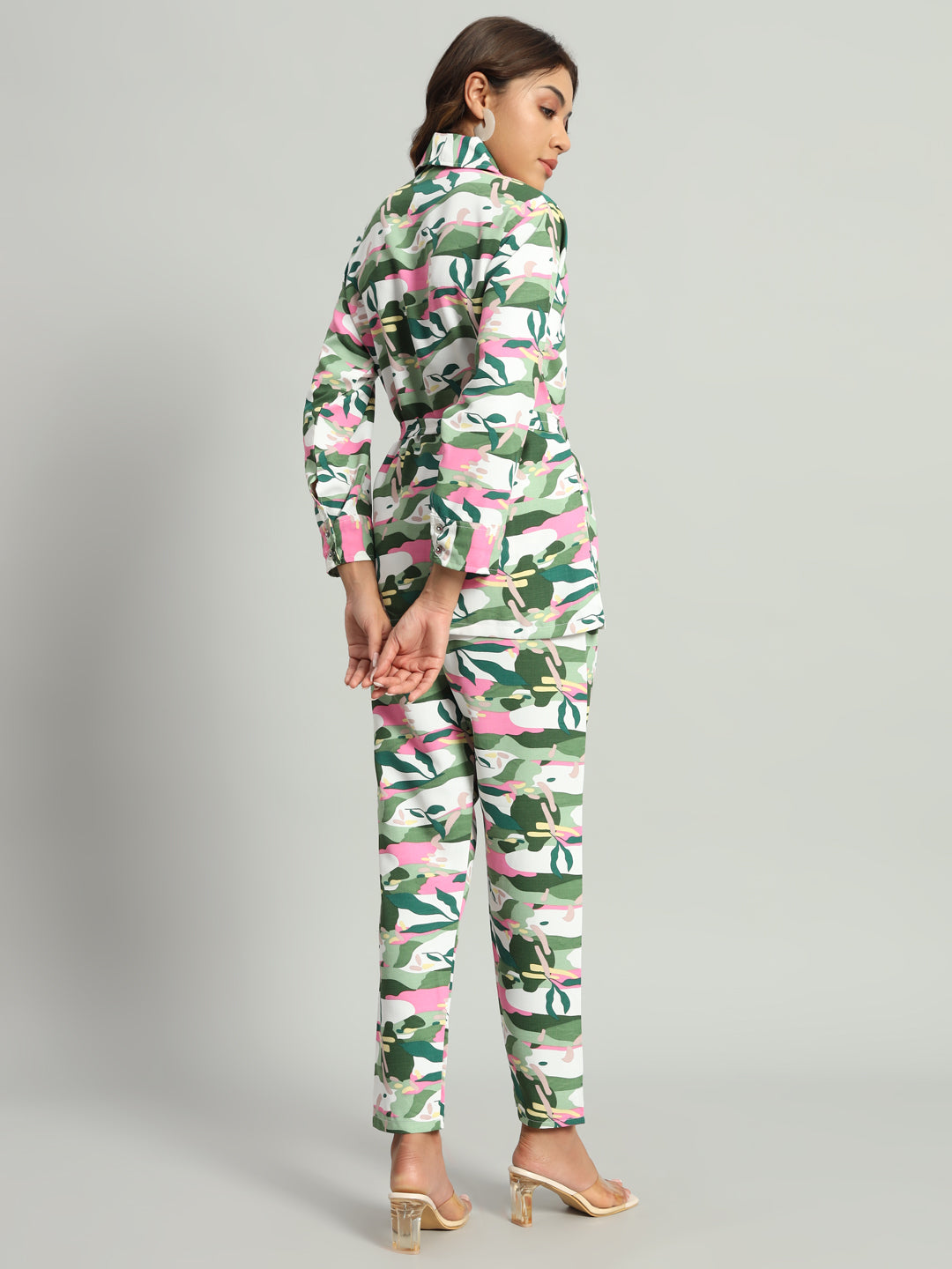 Women’s Green Abstract Printed Night Suit Co-Ord Set with Waist Tie-Up