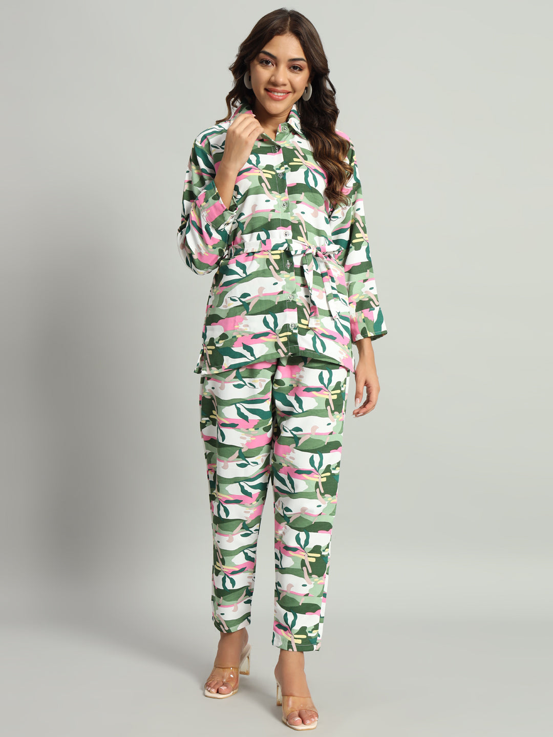 Women’s Green Abstract Printed Night Suit Co-Ord Set with Waist Tie-Up