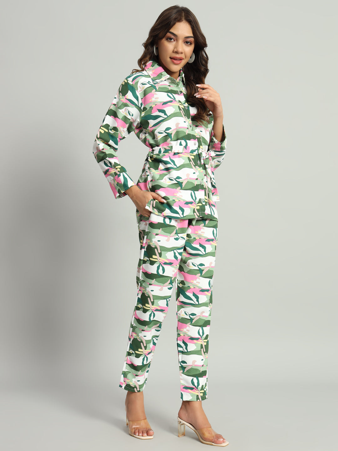 Women’s Green Abstract Printed Night Suit Co-Ord Set with Waist Tie-Up