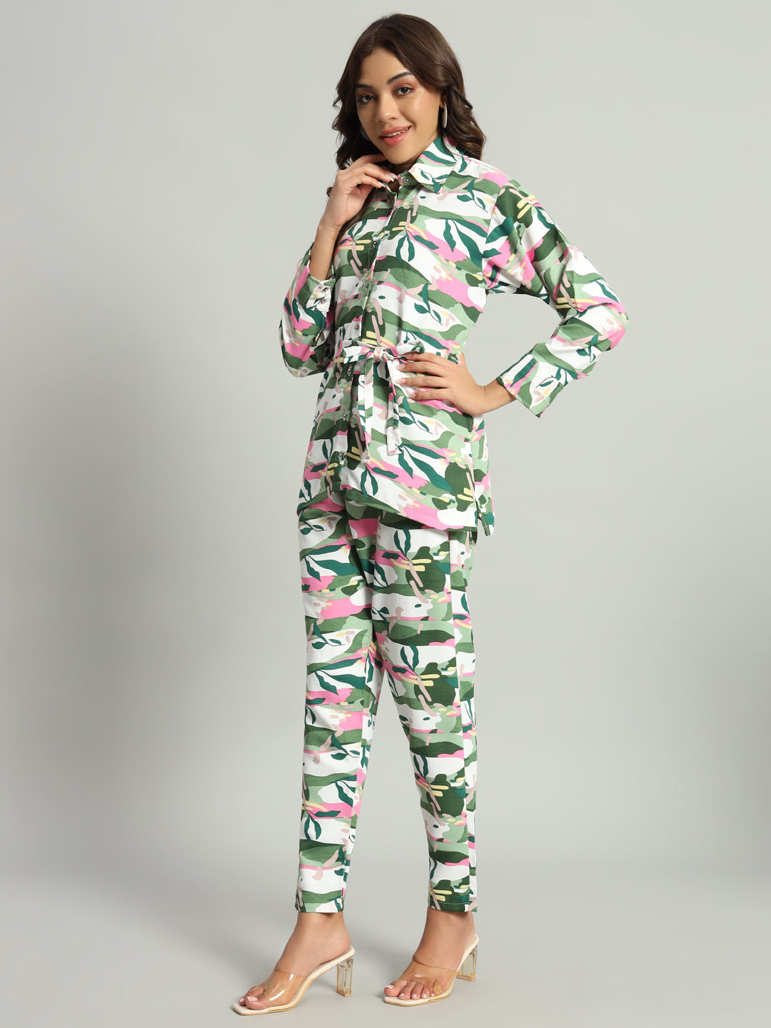Women’s Green Abstract Printed Night Suit Co-Ord Set with Waist Tie-Up