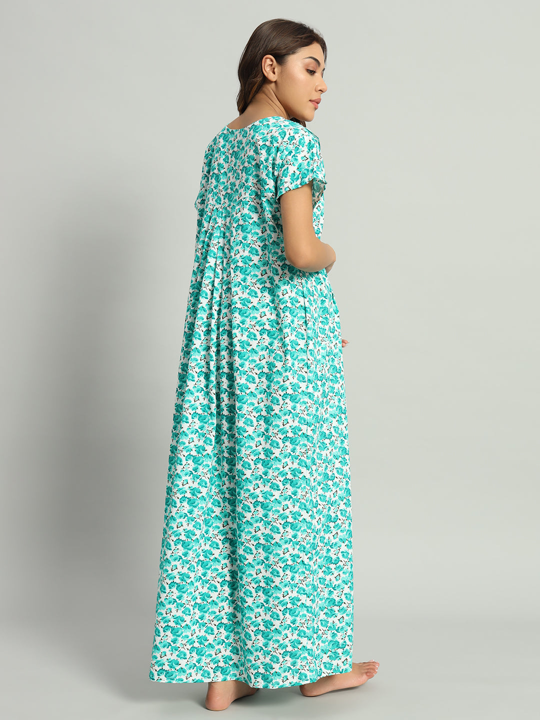 Green Floral Cotton Maternity Maxi Night Gown for Women – Printed Short Sleeve Comfortable Nightwear
