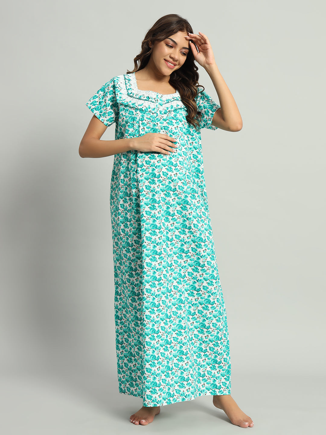 Green Floral Cotton Maternity Maxi Night Gown for Women – Printed Short Sleeve Comfortable Nightwear