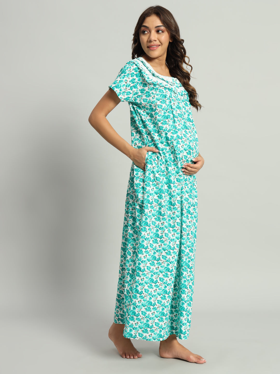 Green Floral Cotton Maternity Maxi Night Gown for Women – Printed Short Sleeve Comfortable Nightwear