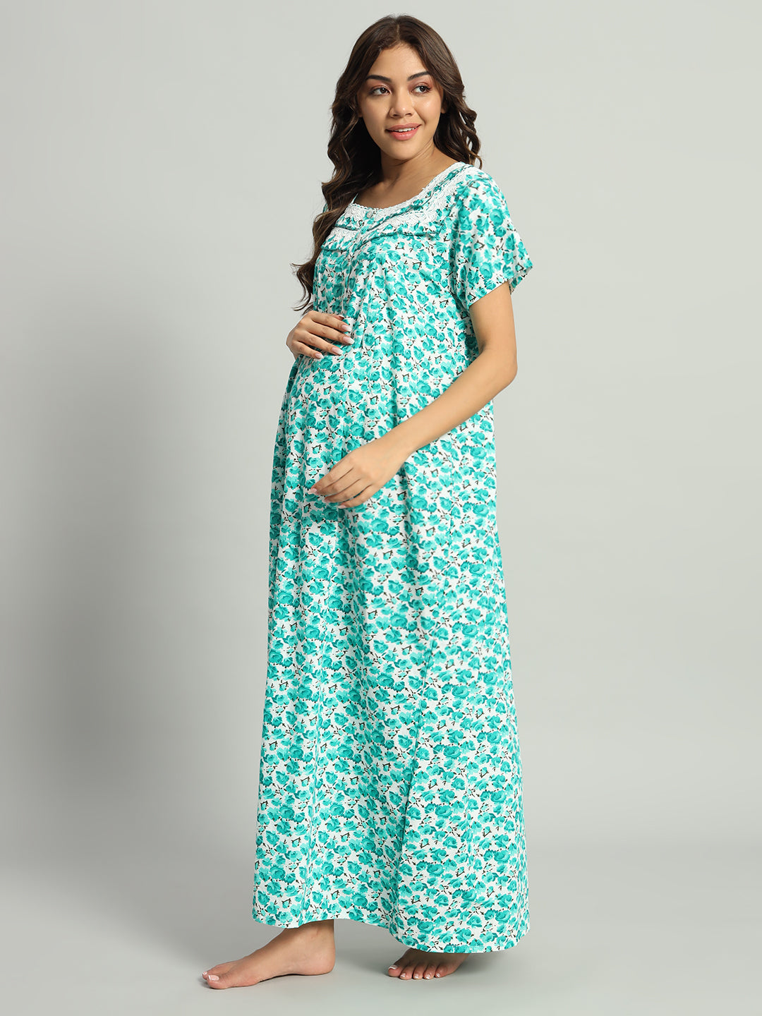 Green Floral Cotton Maternity Maxi Night Gown for Women – Printed Short Sleeve Comfortable Nightwear
